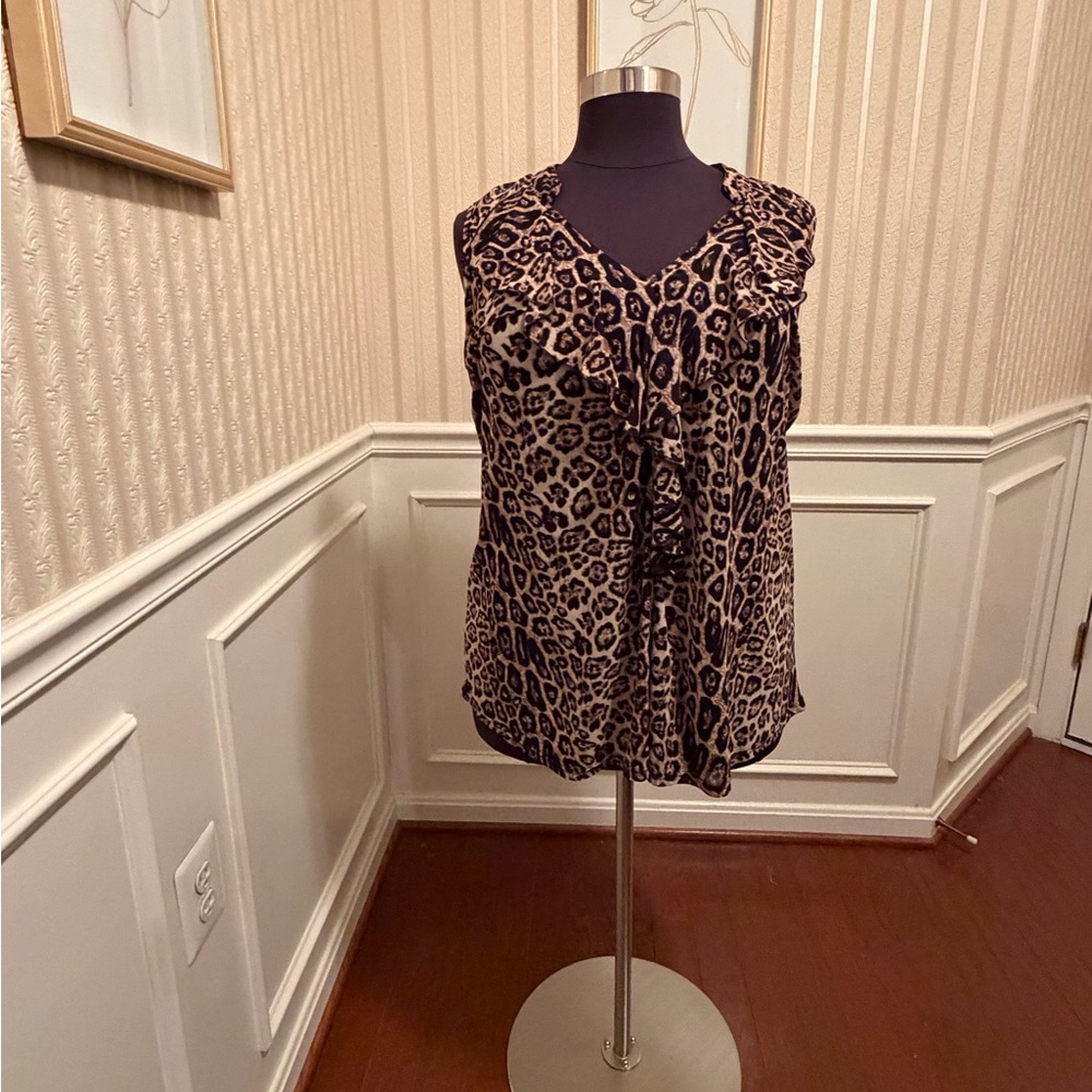 Siren Lily Leopard Print Ruffle Sheer Sleeveless Blouse - Tan & Black